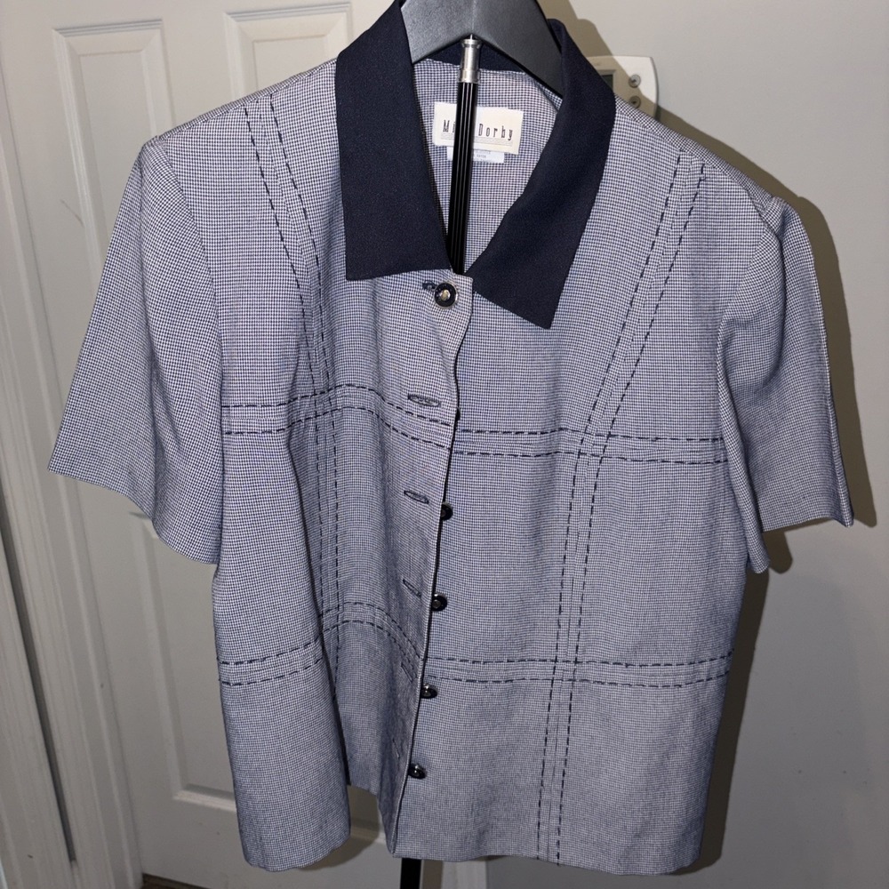 Vintage 90s Miss Dorby Navy & Grey Windowpane Grid Blouse 12 Dark Academia Retro